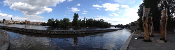 Panoramic view of the Vltava River and Prague skyline