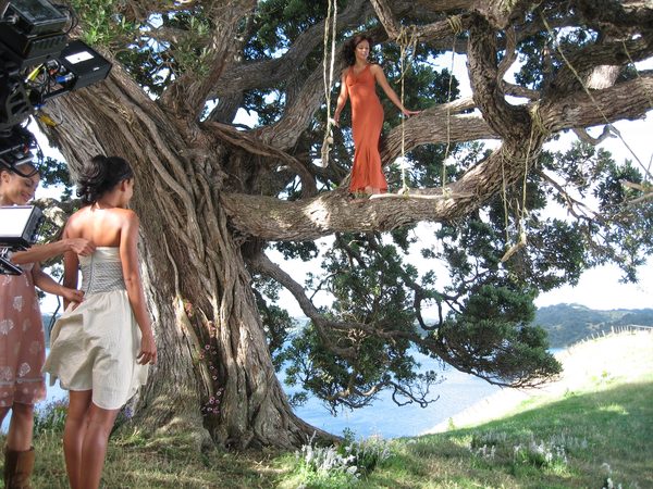 Model in orange dress posing on a tree branch platform over the water, North Island