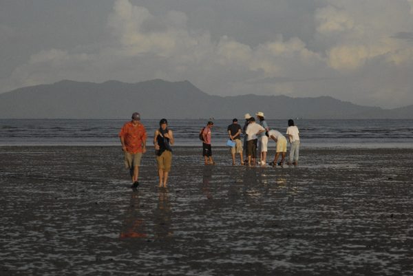 Crew gathered on a tidal mudflat at dusk with mountains behind, Thailand