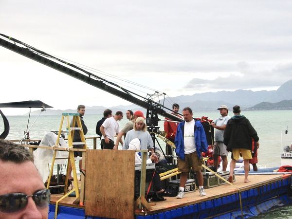 Camera crane rig on water barge, Hawaii