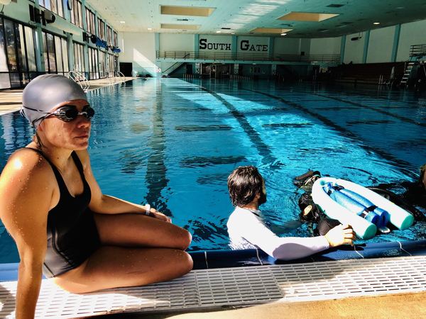 Pool set, underwater camera rig prep, Los Angeles