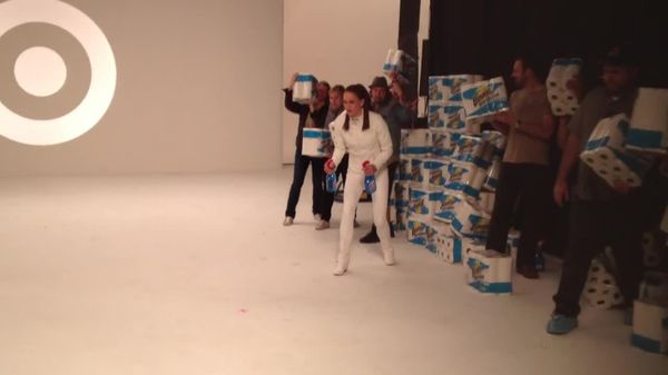 Studio set with Target backdrop and paper towel stunt build, Los Angeles