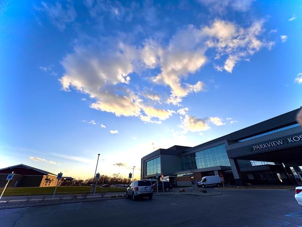 Hospital exterior location, dusk