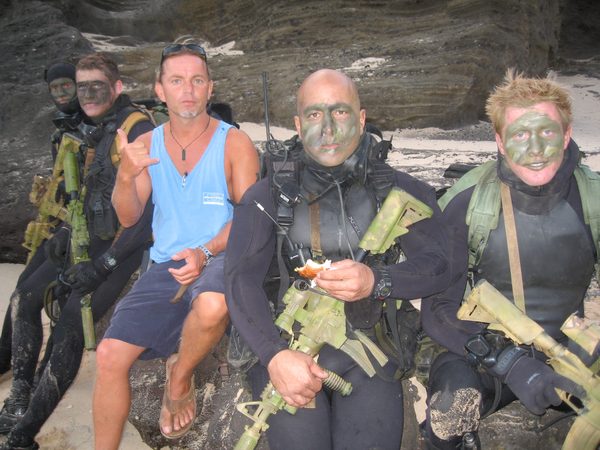 Crew and camouflage face-paint talent on set, Panavision t-shirt, Hawaii